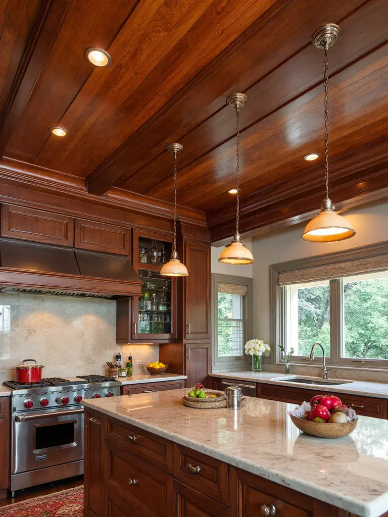 wooden ceiling with copper accents