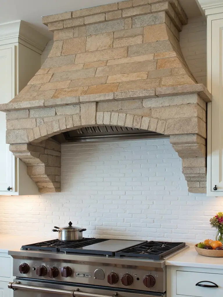 stone enveloped rustic kitchen hood
