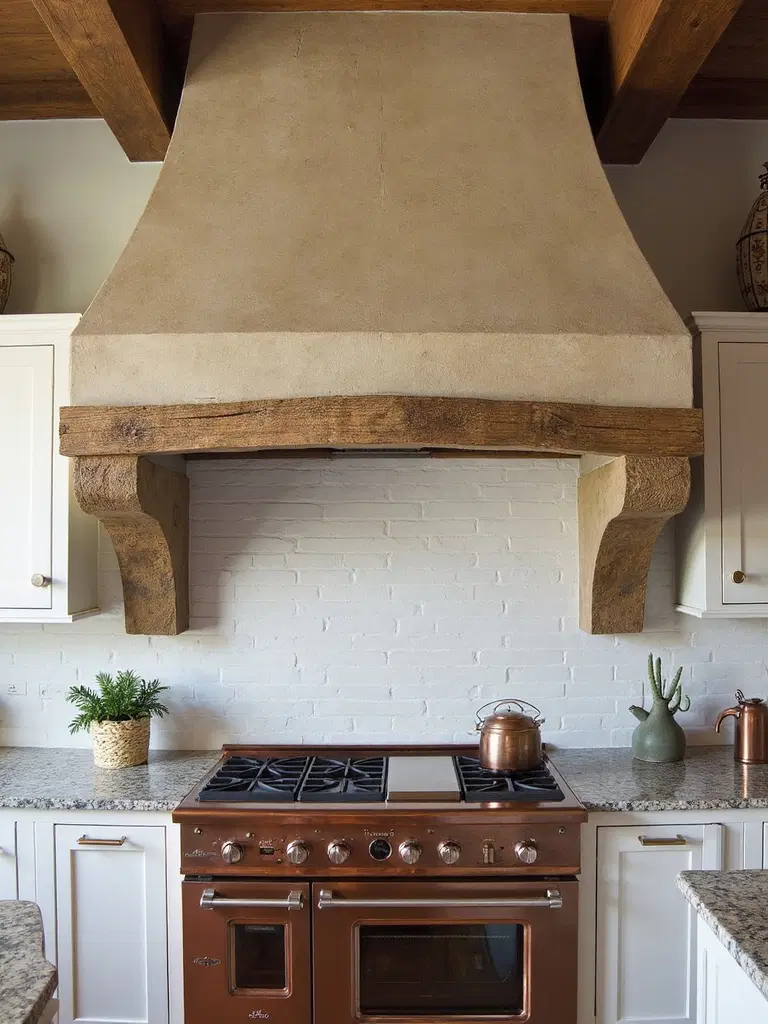 stone and wood rustic kitchen hood