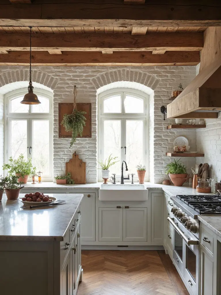 whitewashed brick in rustic kitchen