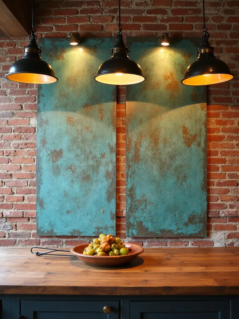 aged copper wall accent in rustic kitchen