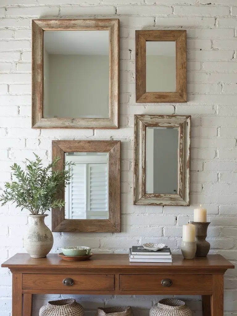rustic wall gallery with antique mirrors and wood