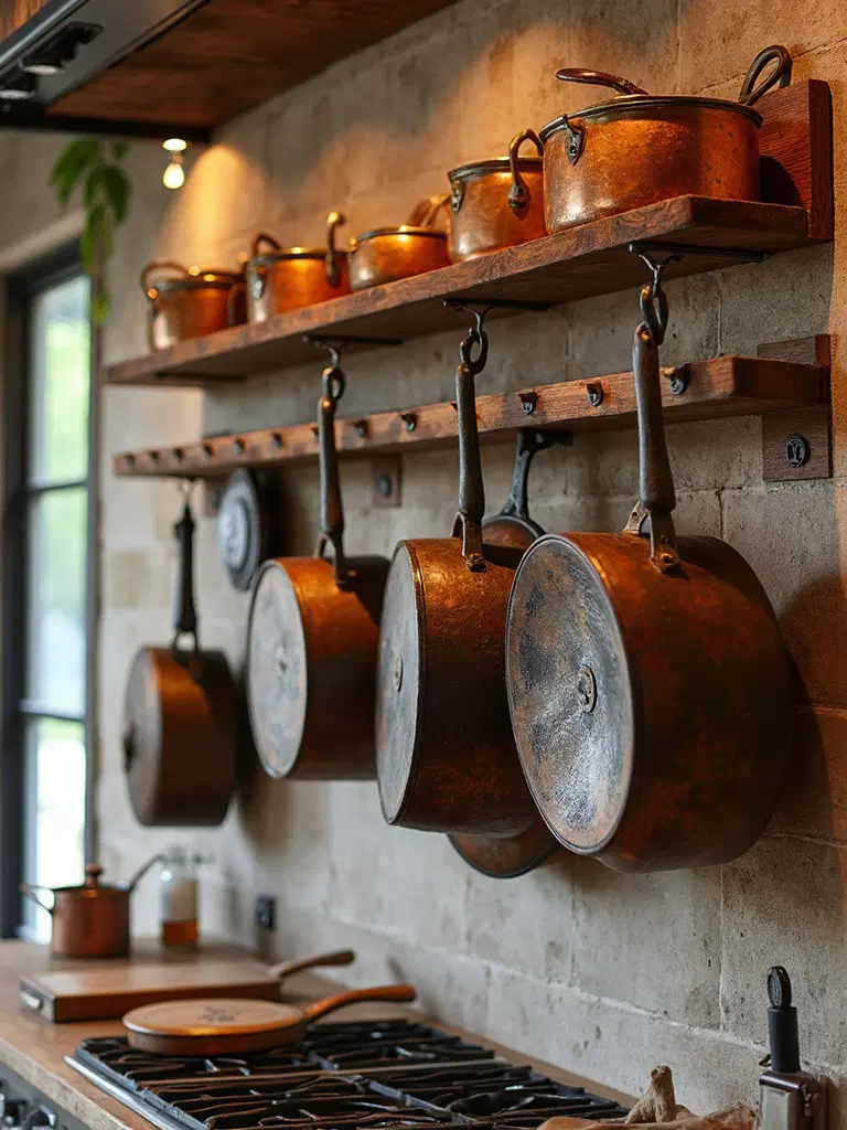 rustic industrial kitchen cookware display