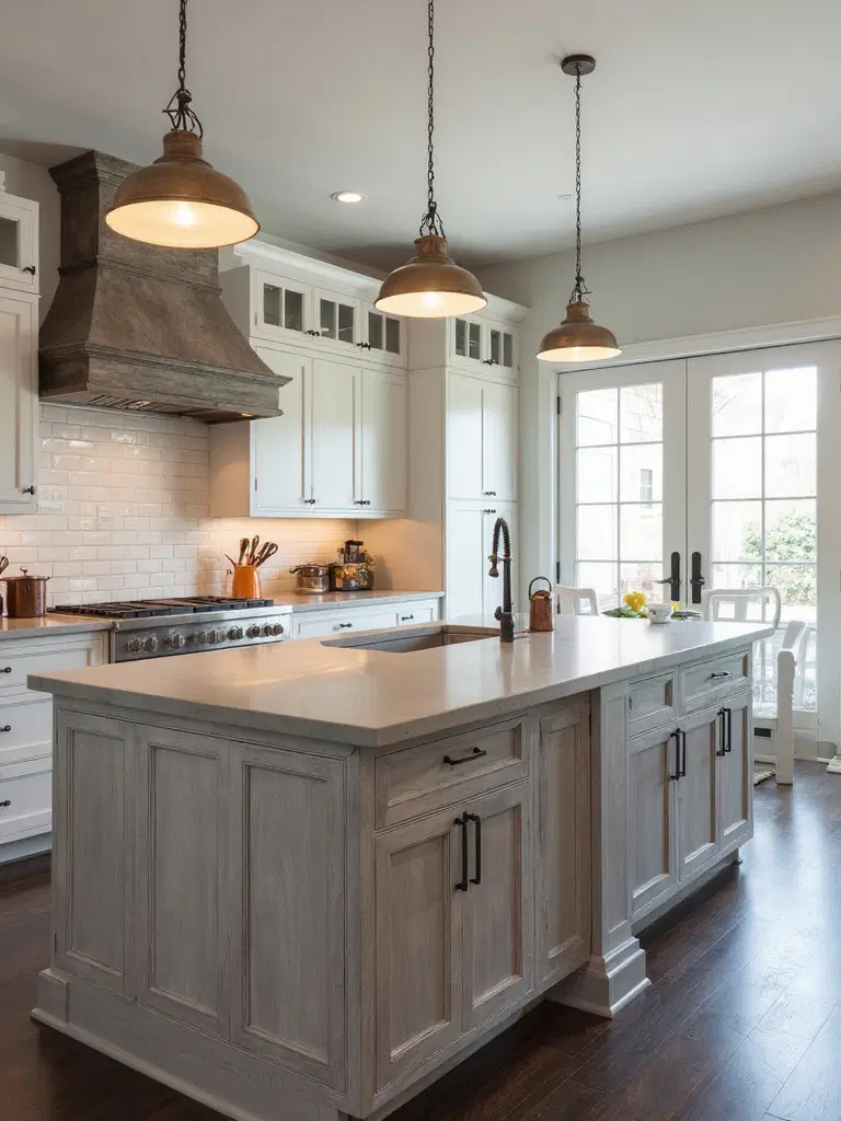 rustic barnwood and concrete kitchen island contrast