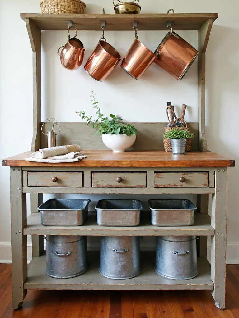 vintage-style rustic kitchen island with storage