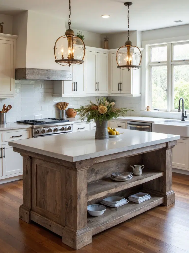 concrete countertop and rustic wood base kitchen island