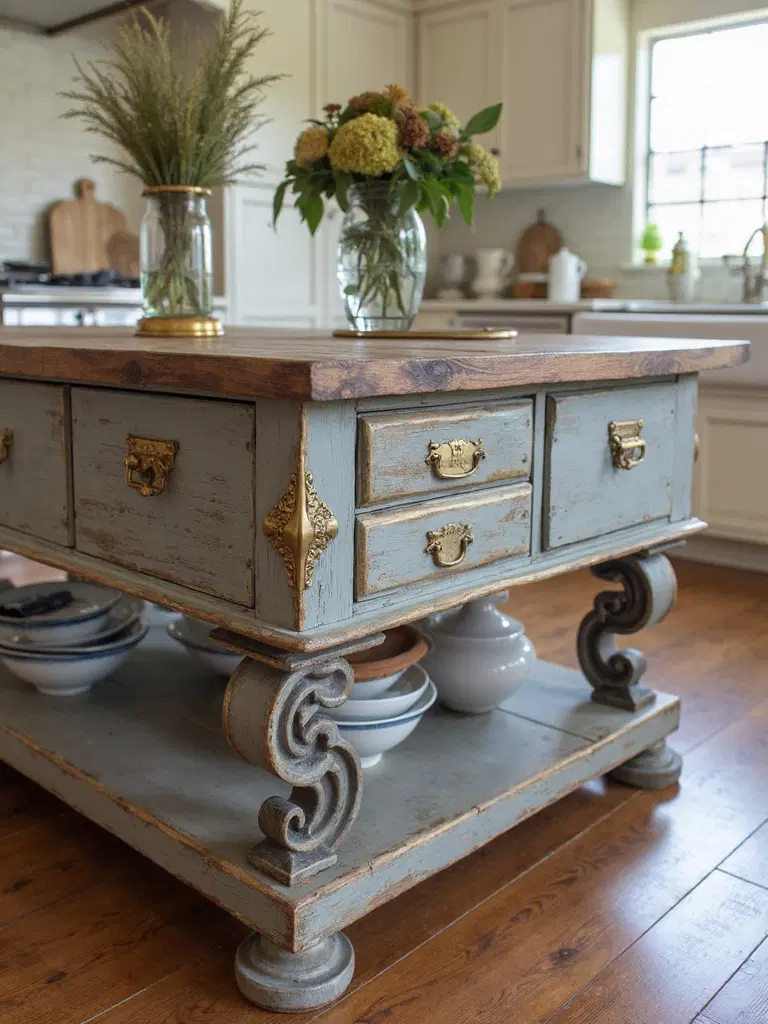 antique drapers table turned kitchen island