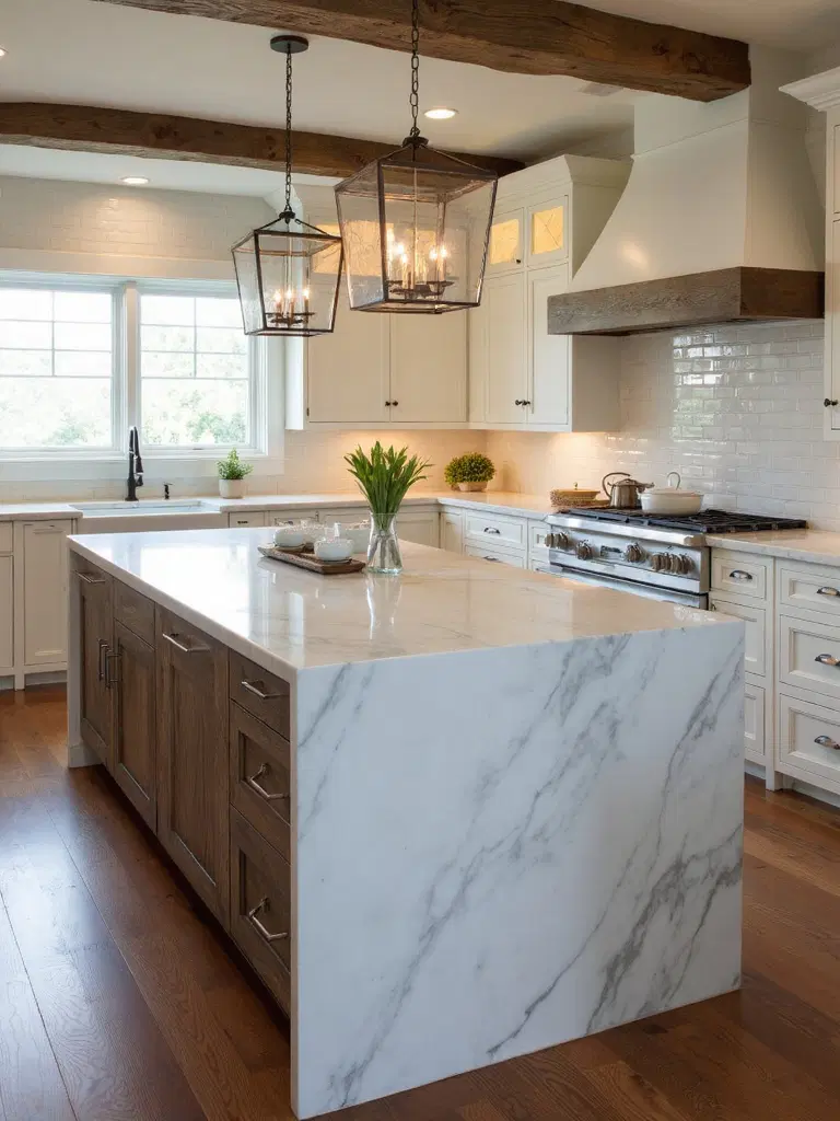 elegant rustic kitchen island with waterfall edge