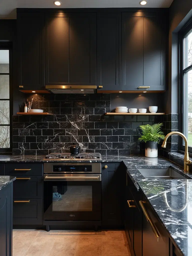 elegant black marble veined tiles in kitchen