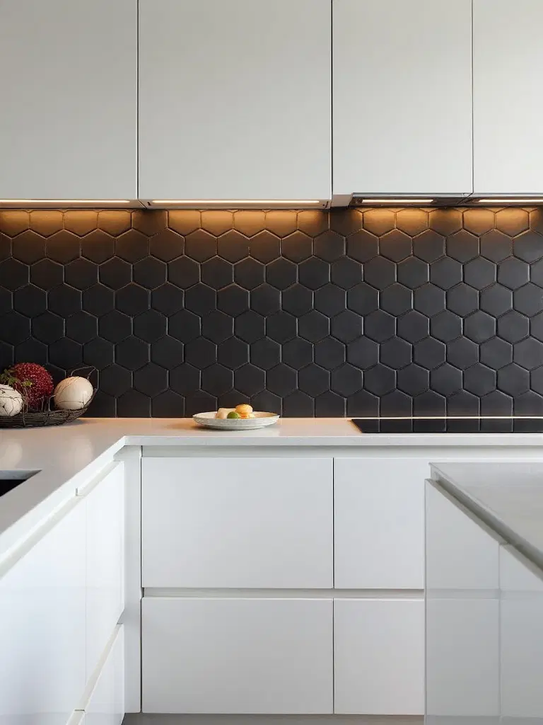 modern kitchen backsplash with black hexagon tiles