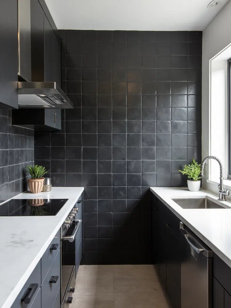 minimalist kitchen featuring black grid tiles