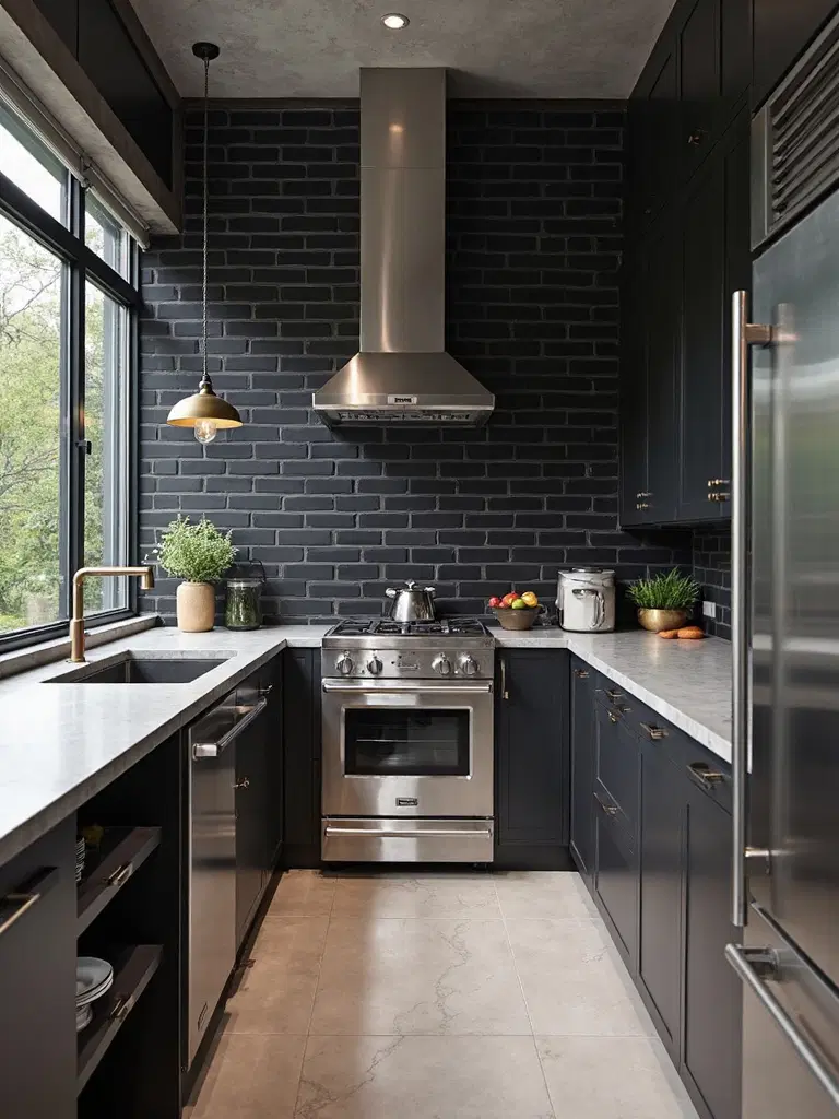 industrial style kitchen with black brick tiles