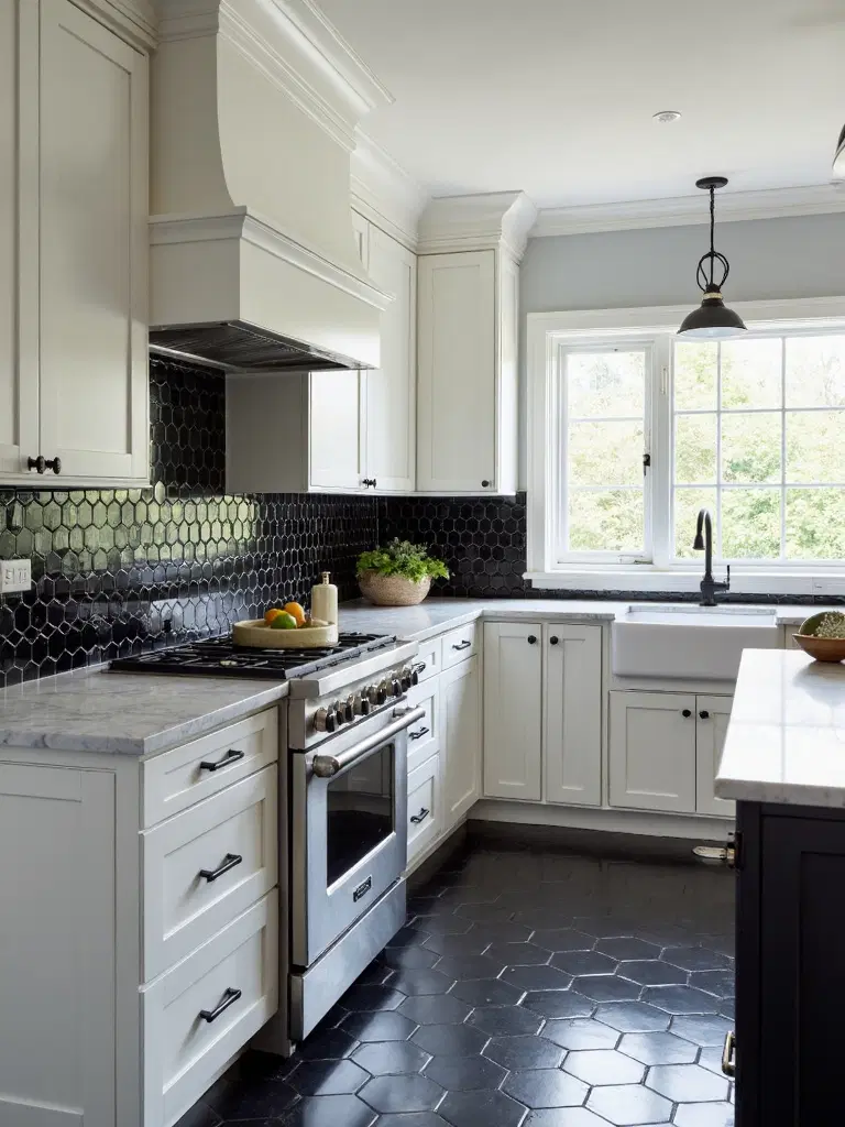 dramatic black and white kitchen tiles