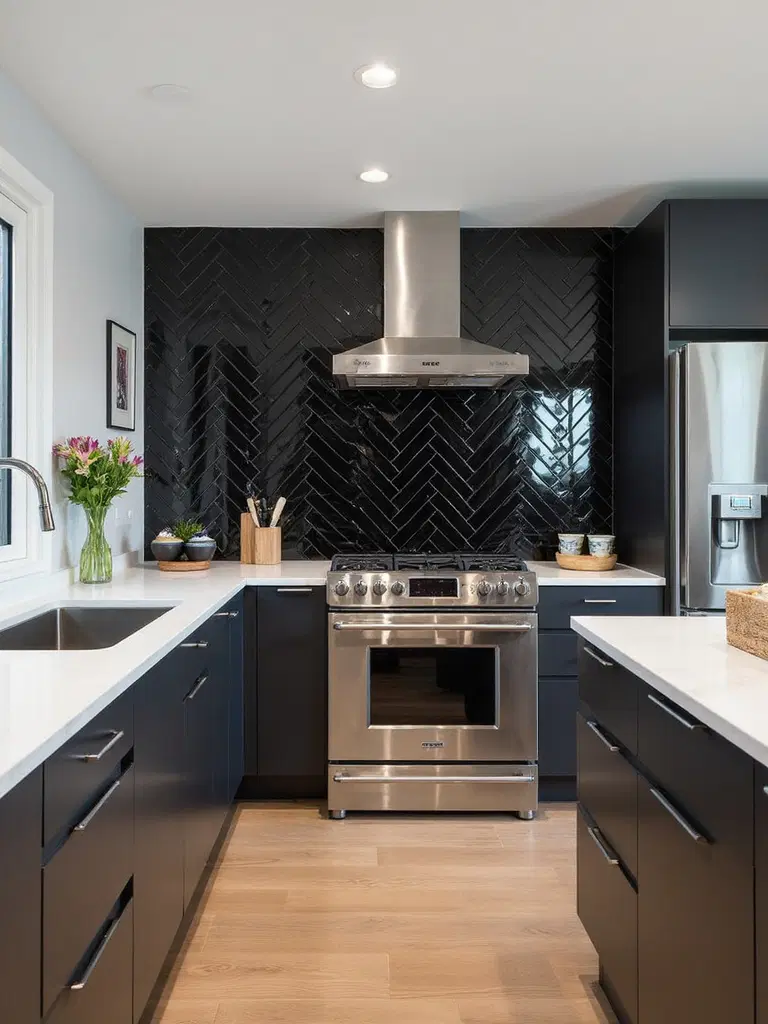 classic black herringbone tile pattern in kitchen