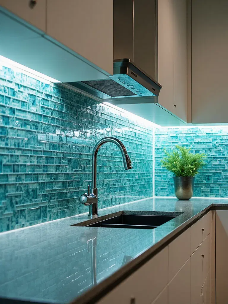 mosaic tile backsplash between cabinets and counter