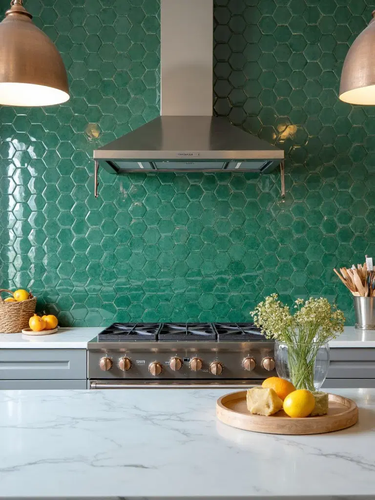 nature-inspired emerald green kitchen tiles