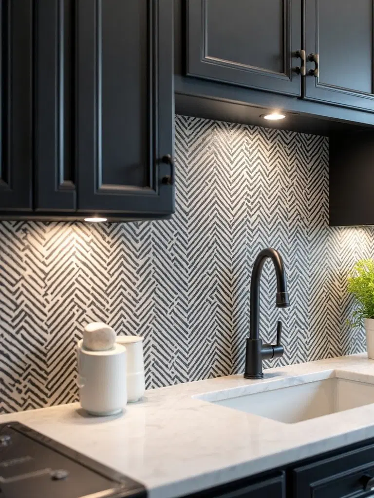 classic black and white herringbone kitchen tiles
