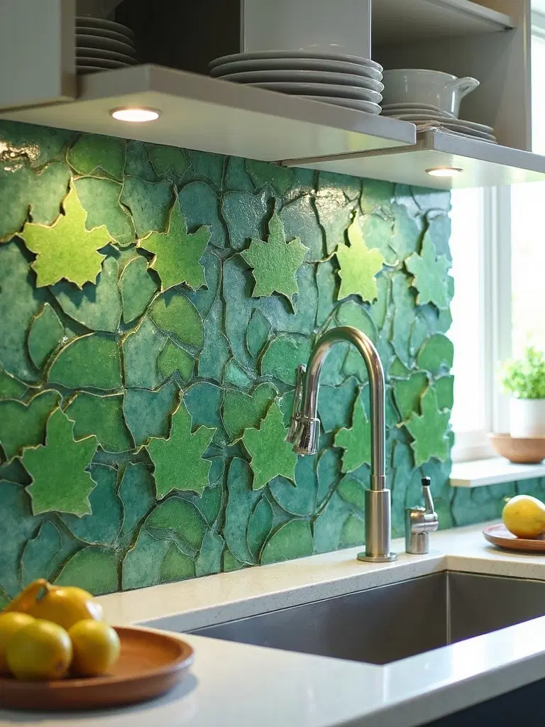 botanical leaf-shaped mosaic tiles