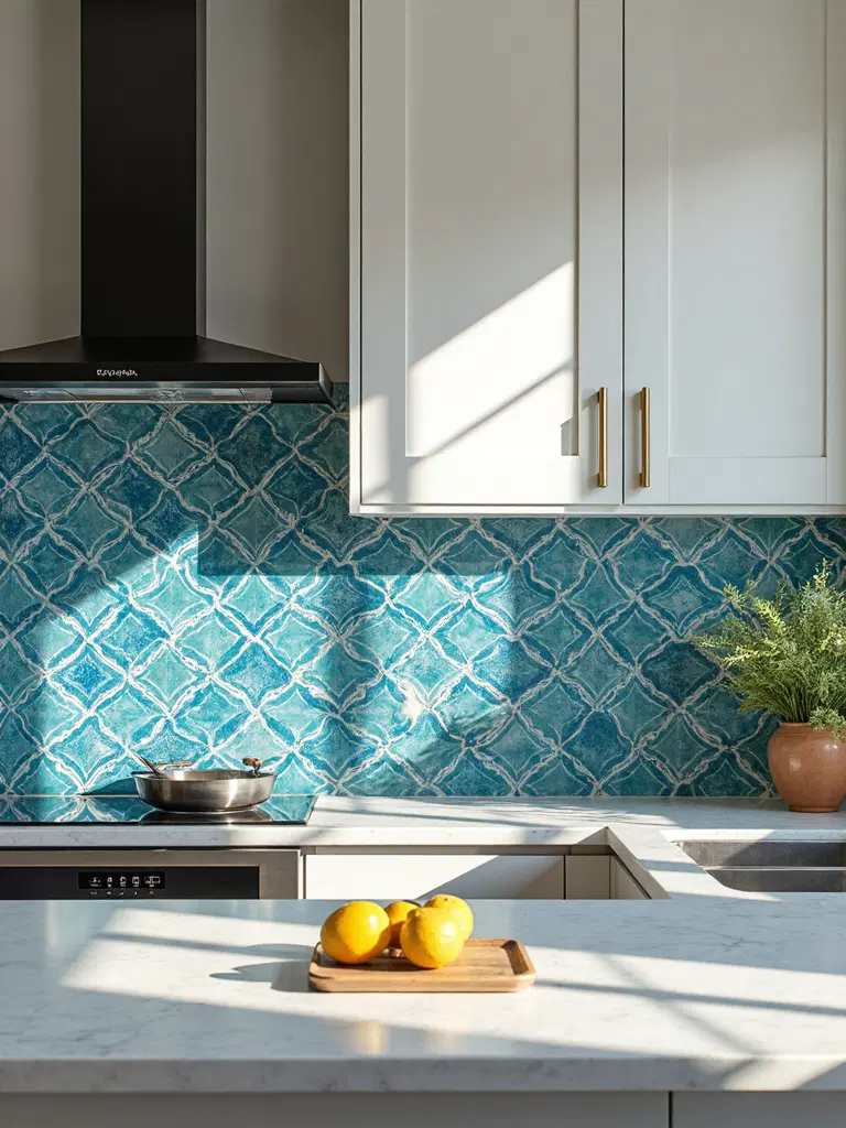serene blue mediterranean kitchen backsplash