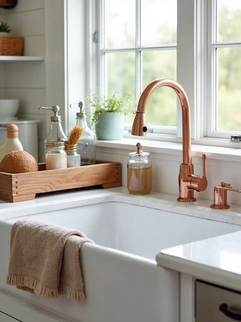 organized sink caddy in farmhouse kitchen