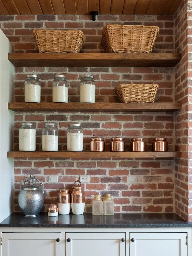 open pantry shelving with rustic baskets