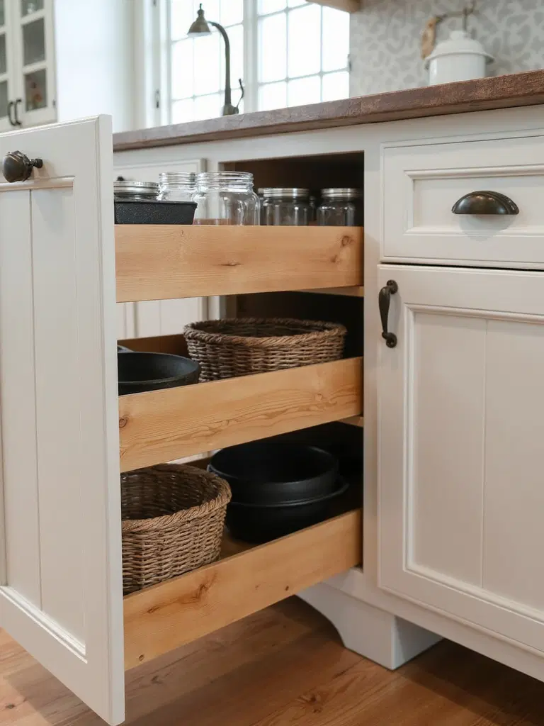 pull-out cabinet organizer in farmhouse kitchen