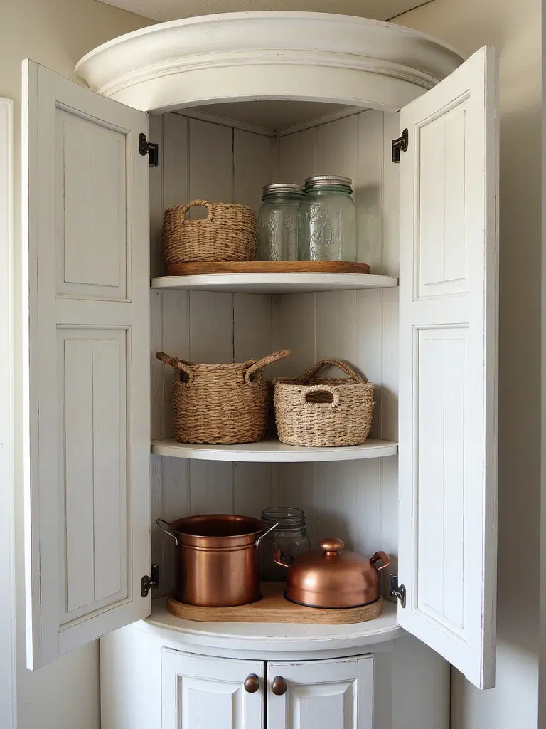 farmhouse corner cabinet organization
