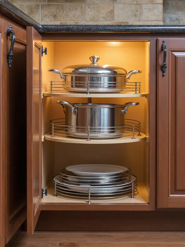 corner cabinet carousel pan storage