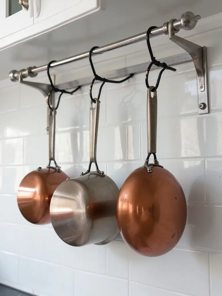 metal rods and S-hooks for kitchen storage