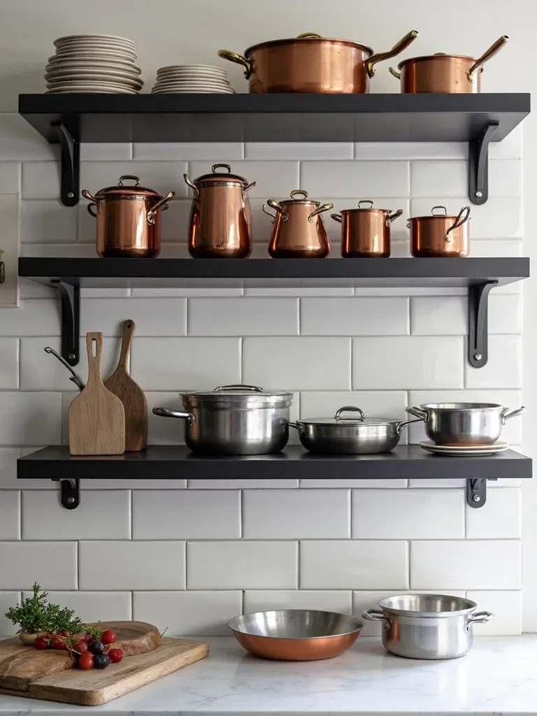 open shelving to display kitchen cookware