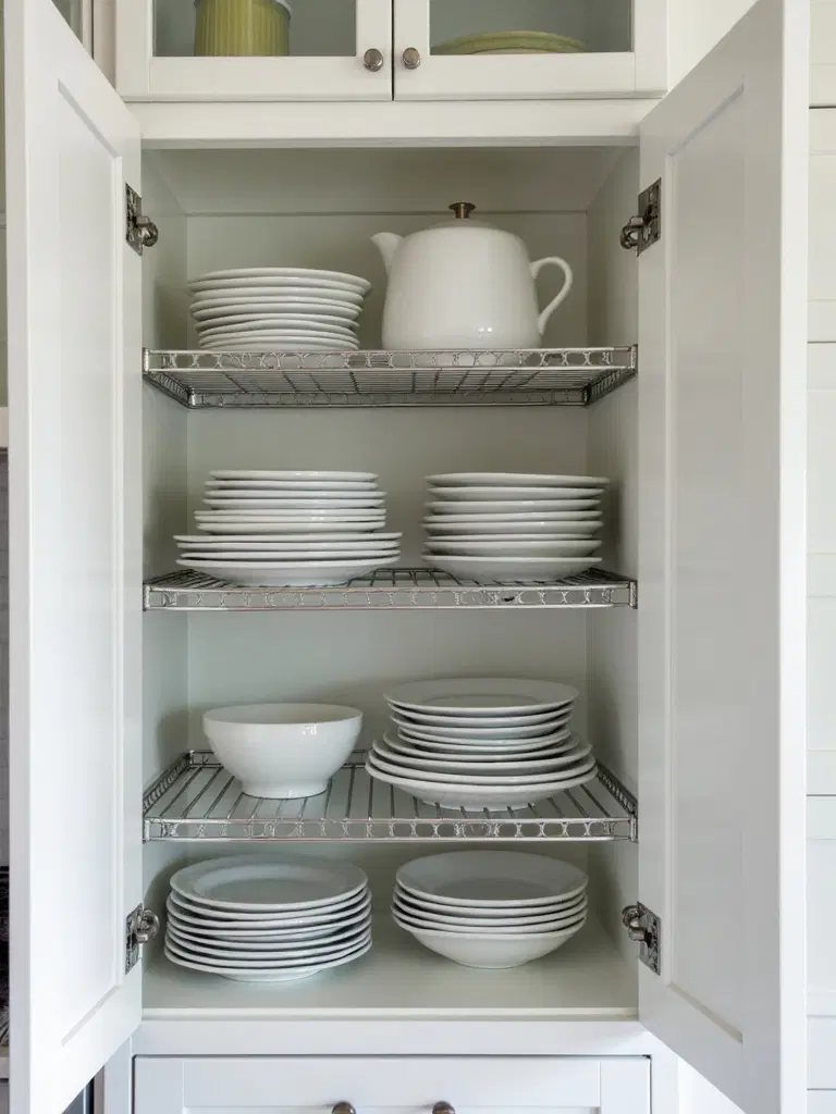 optimize cabinet space with stacking shelves