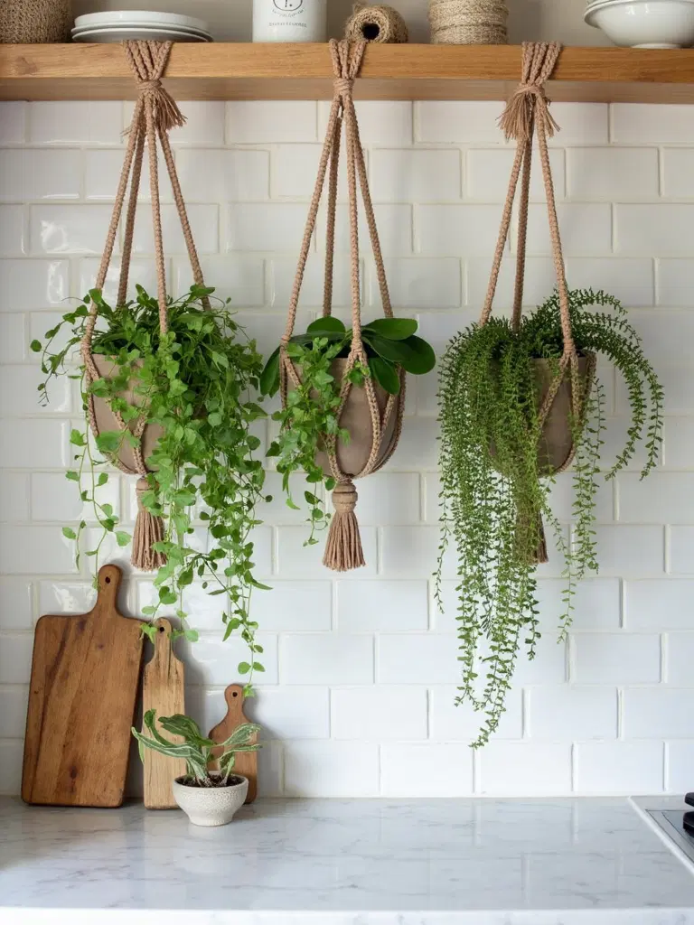 boho kitchen with macrame plant hangers