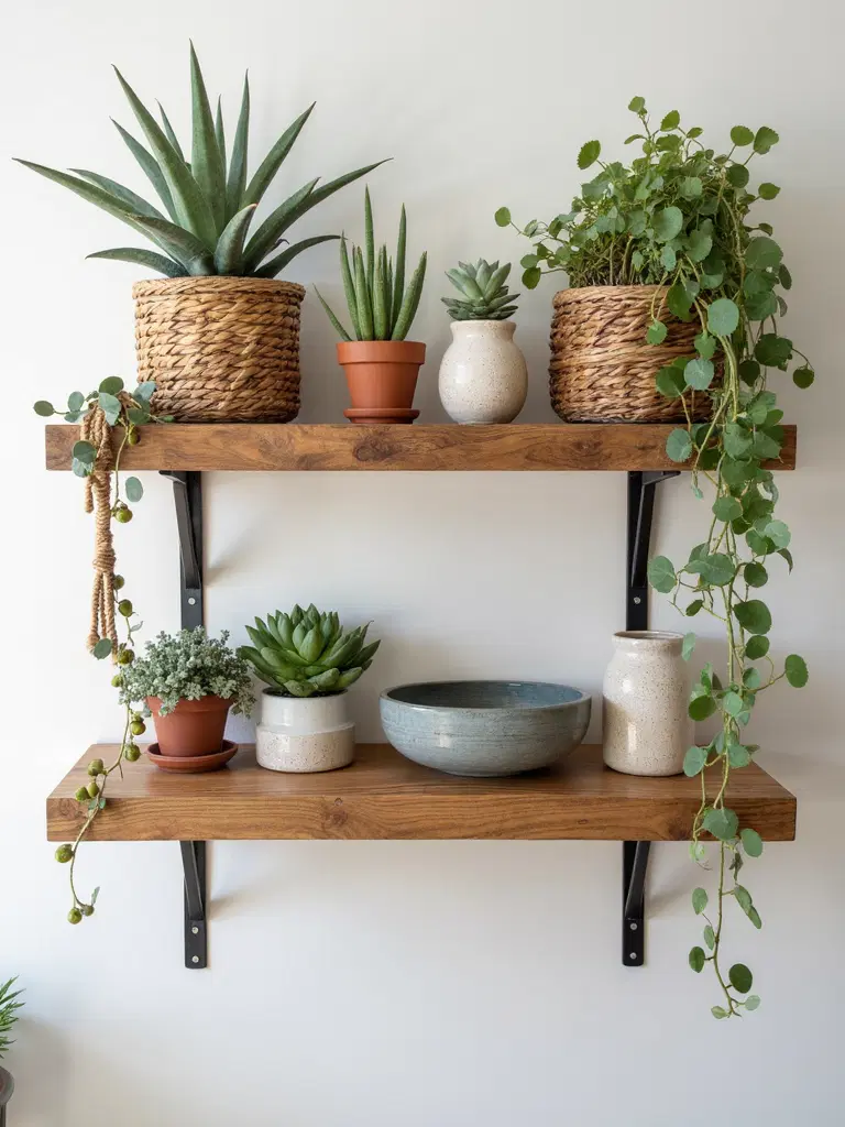 eclectic bohemian floating wooden shelves