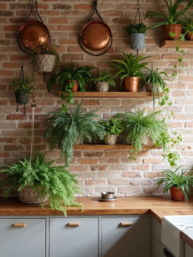 organic boho kitchen exposed brick