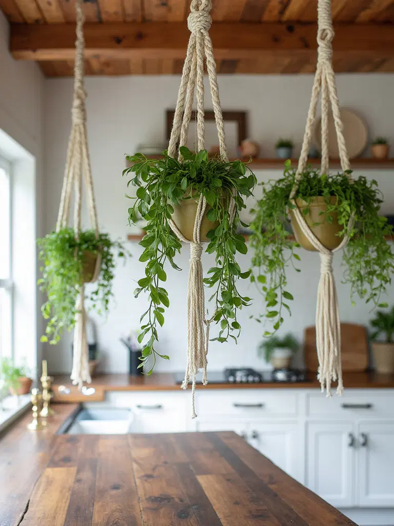 bohemian kitchen with hanging macramé plants