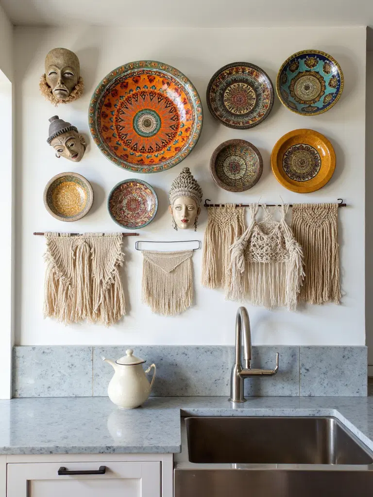 bohemian kitchen with globally inspired wall art