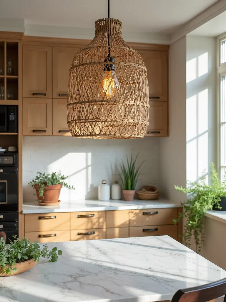 rattan pendant lights in boho kitchen