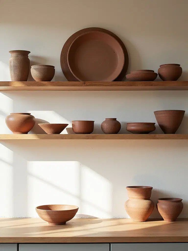artisanal pottery on open kitchen shelves