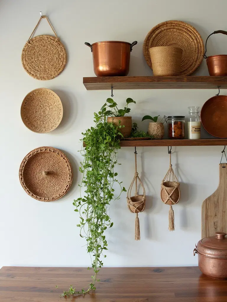 bohemian kitchen with woven basket storage