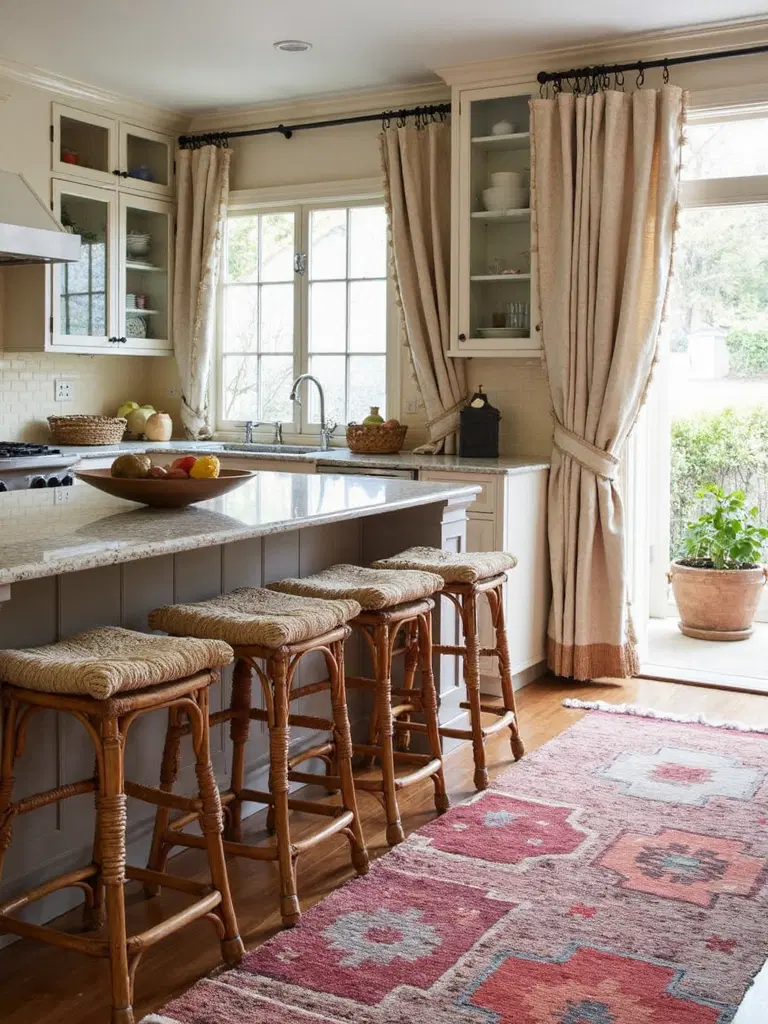 textiles cushions and throws in boho kitchen