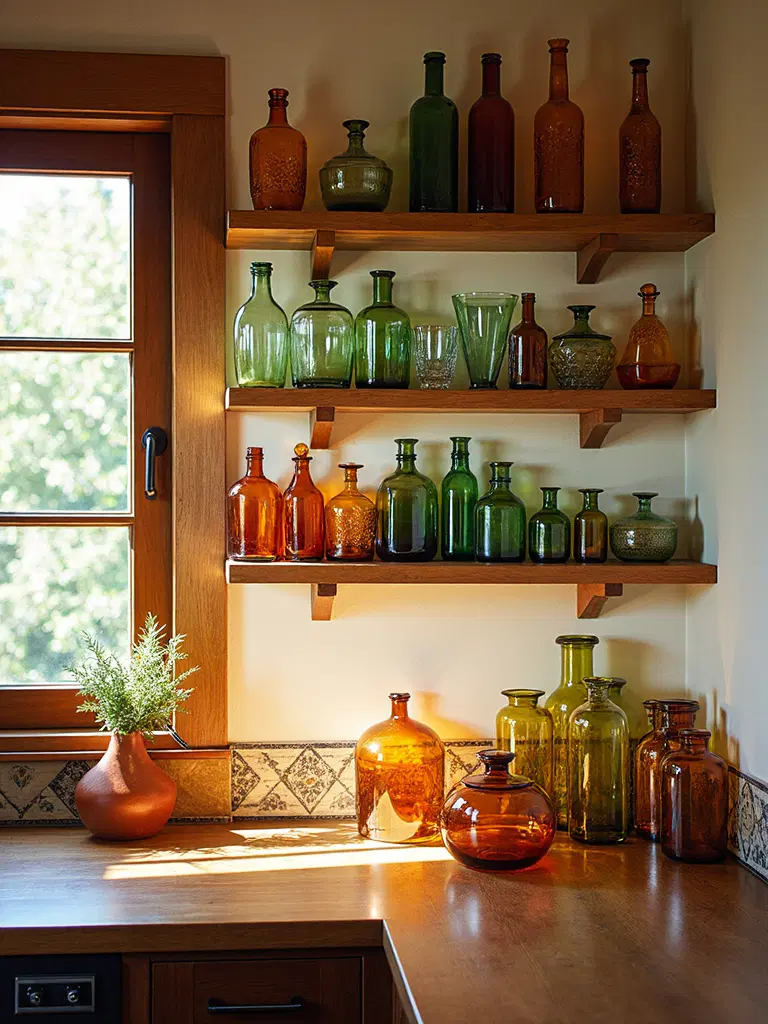 colorful glassware in boho kitchen