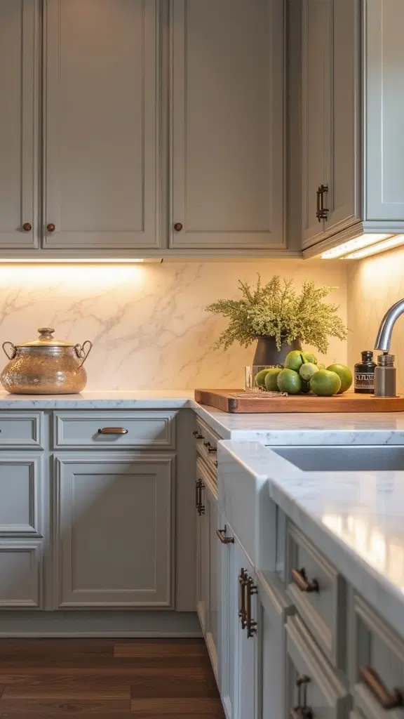 greige kitchen cabinets with bronze accents