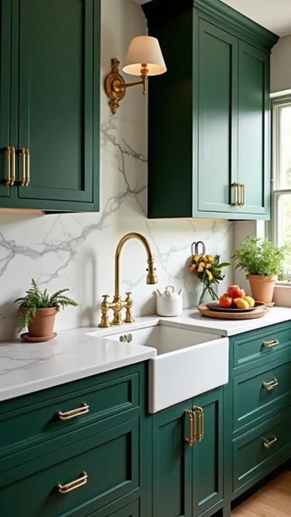 forest green kitchen cabinets with brass hardware