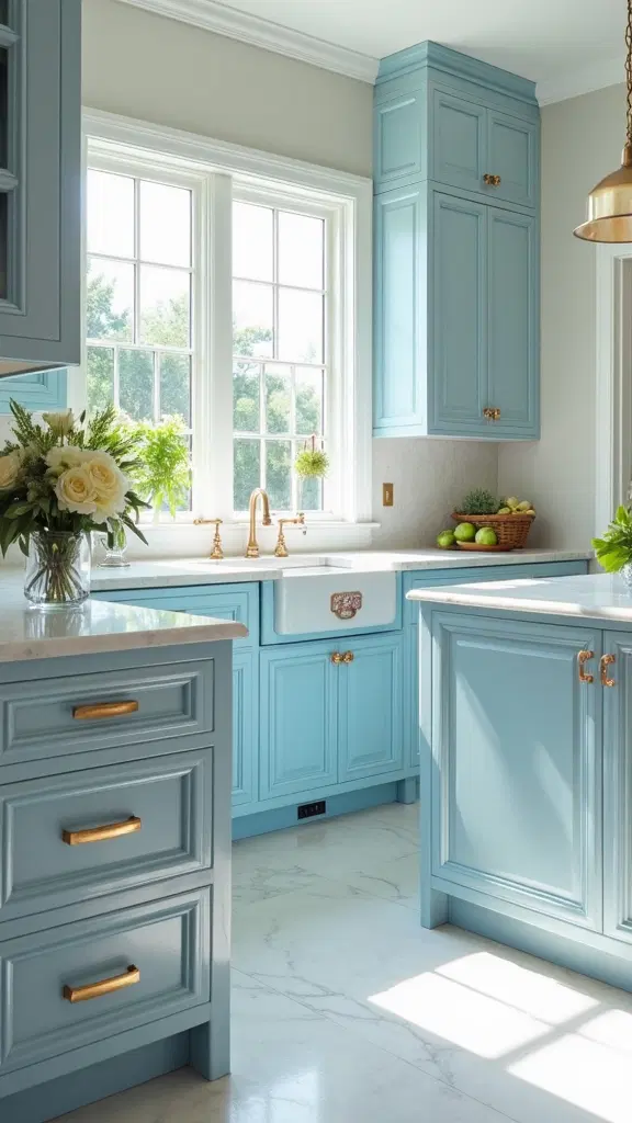 light blue kitchen with pearl accents