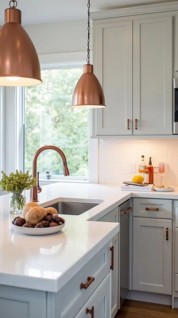 pearl gray kitchen cabinets with copper accents