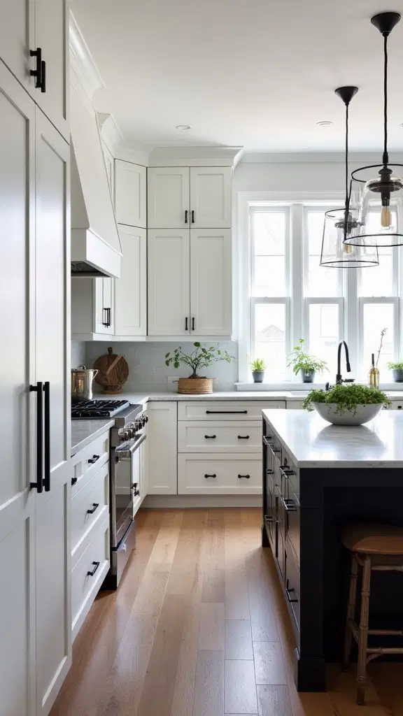 dramatic white and black kitchen