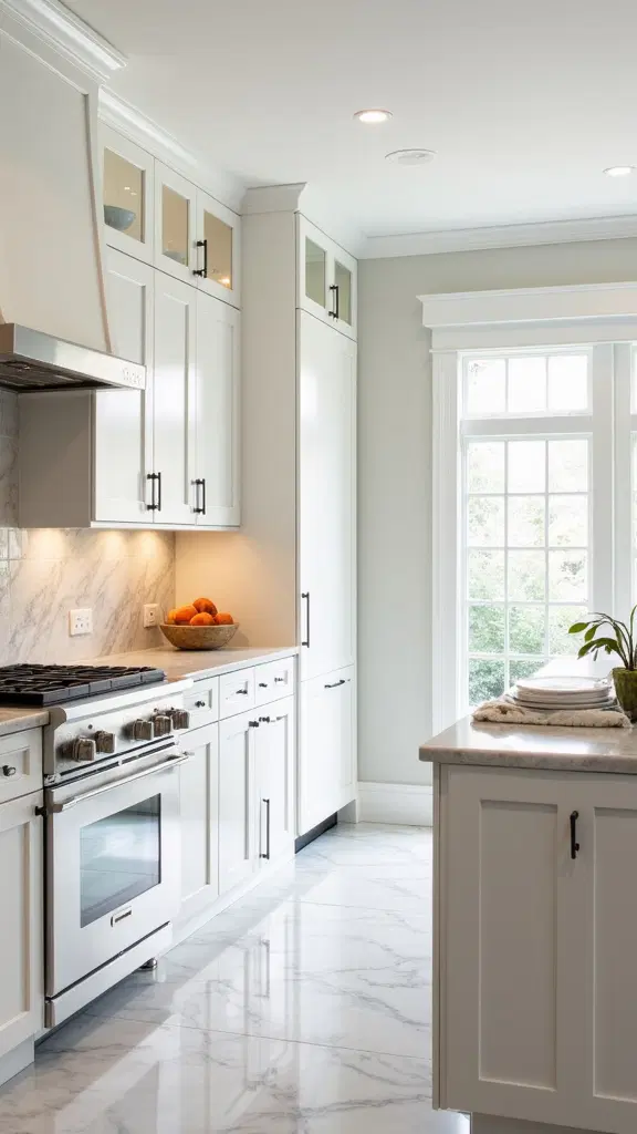 luxurious marble kitchen with white cabinets