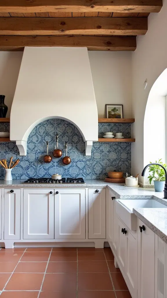 mediterranean style kitchen with white cabinets