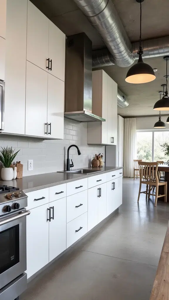 industrial chic kitchen with white cabinets
