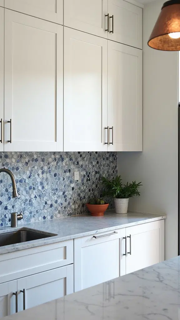 kitchen with white cabinetry and vibrant backsplash